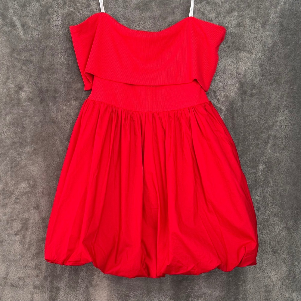 Lulus Bubble Hem Mini Dress Medium‎ Red Off Shoulder Ribbed Fit and Flare NWT